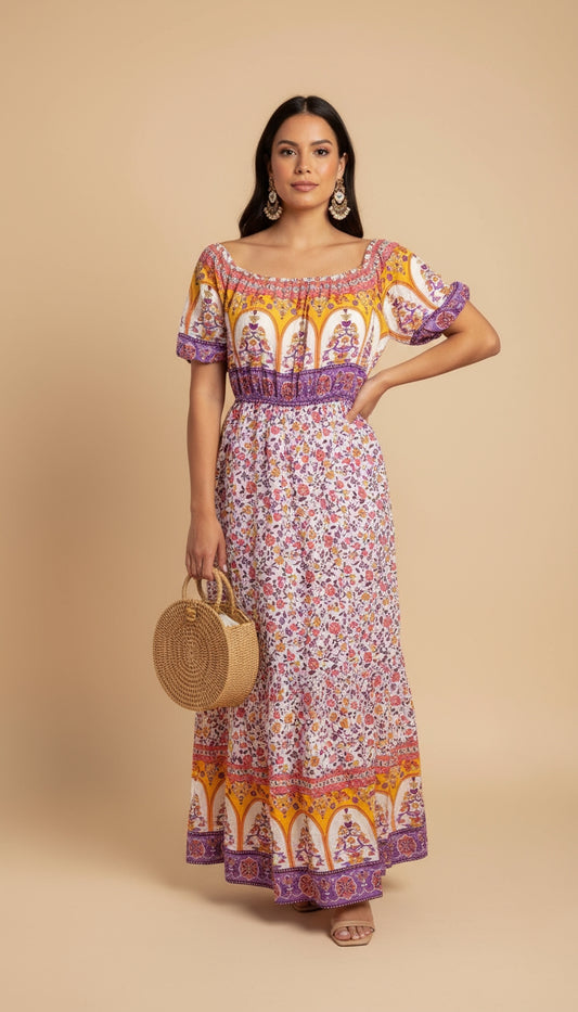 Vestido boho multicolor escote cuadrado /ANV07