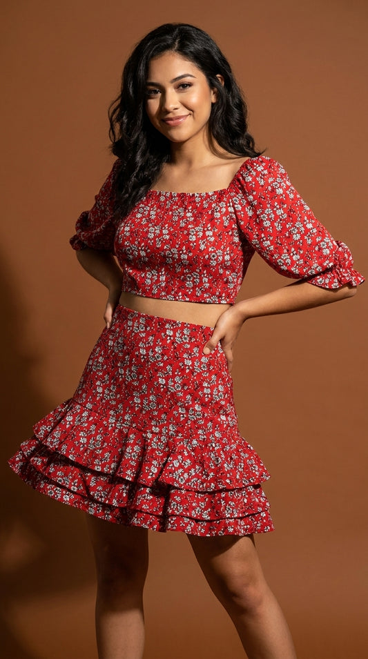 Conjunto rojo floral manga larga / ANS11